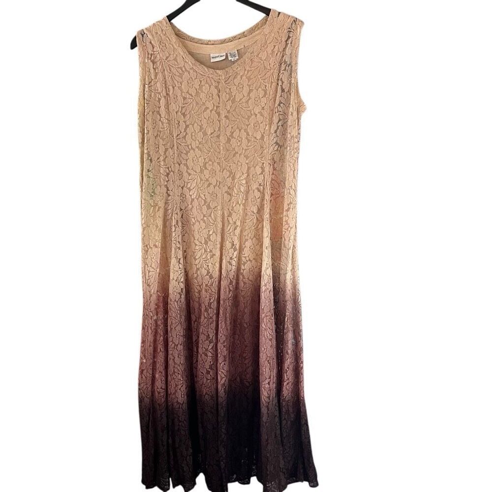 Newport News Boho Maxi Dress Size 10 Brown Ombre Lace Overlay Layered Full Sweep